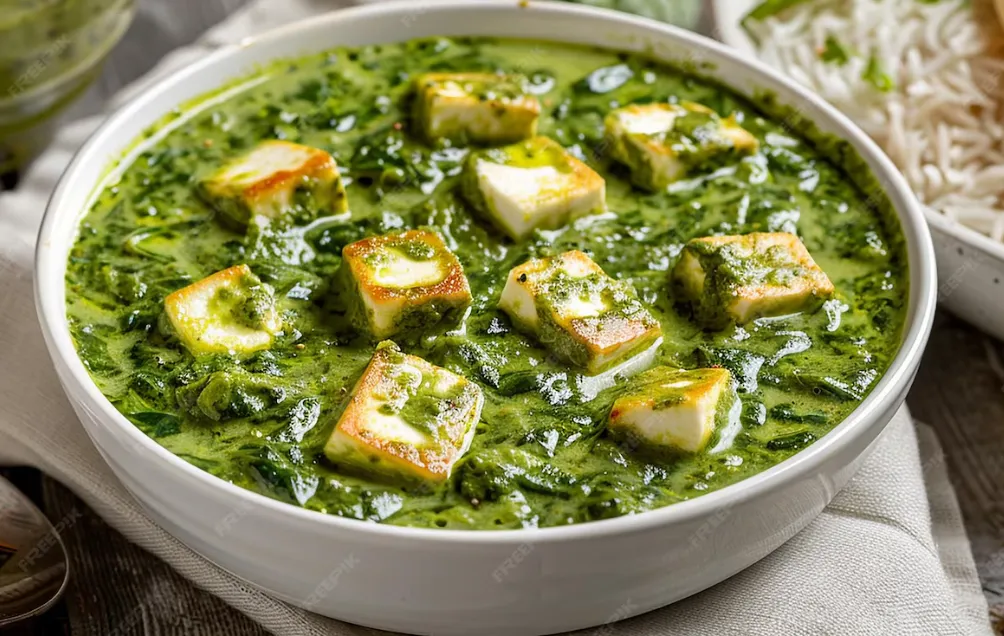 Palak Paneer — paneer cubes in creamy spinach gravy at Rawaayt Edmonton
